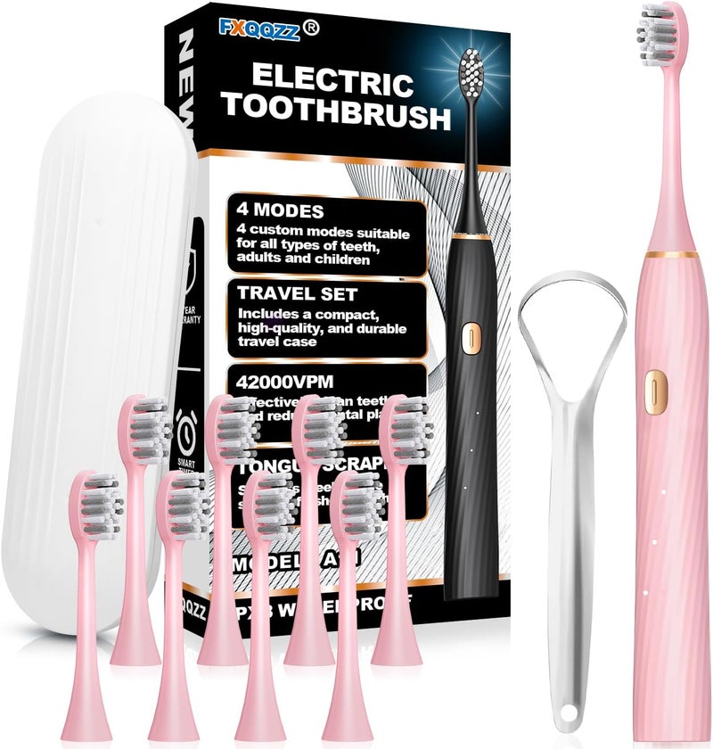 FXQQZZ Electric Toothbrush for Adults and Kids, with Tongue Scraper and Travel Case, 8 Brush Head, Smart Timer & 4 Modes Rechargeable Toothbrush, 42000 VPM Deep Clean, One Charge Last 90 Days - Rose - Image 1